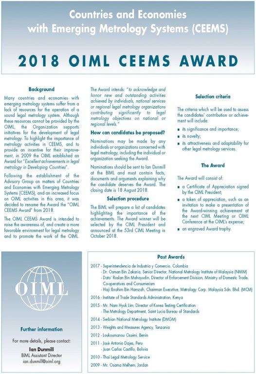 OIML CEEMS Award announcement 2018